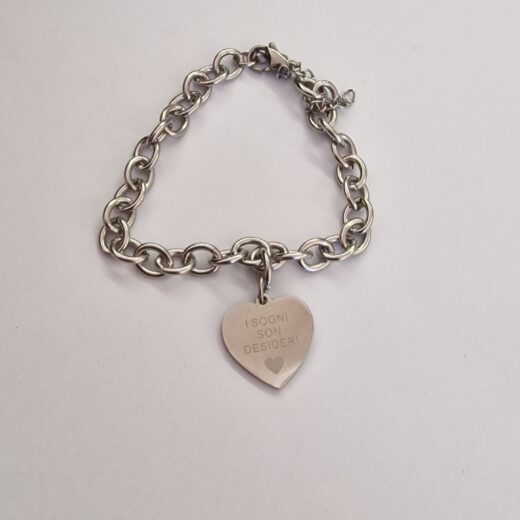 BRACCIALE ACCIAIO CON CUORE E SCRITTA I SOGNI SONO DESIDERI